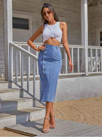 Stunncal Button Irregular Slit Denim Skirt