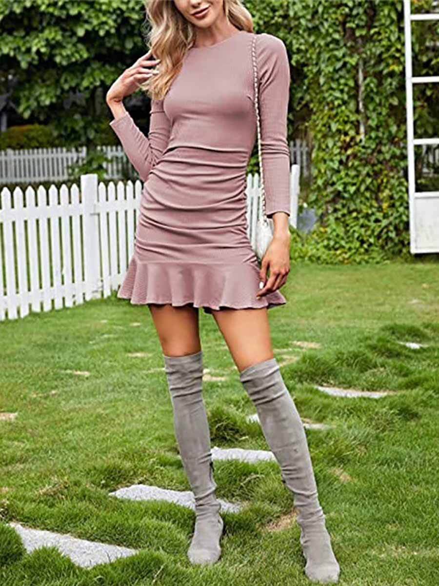 Stunncal Sexy Pleated Tight Knit Long Sleeve Dress(8 colors)