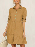 Stunncal Rolled Up Sleeve Button Down Ruffle Dress