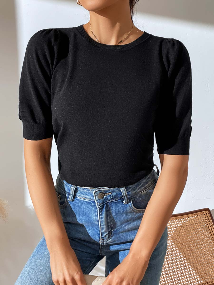 Stunncal Round Neck Pleated Short Sleeve Solid Color Knit (5 colors)