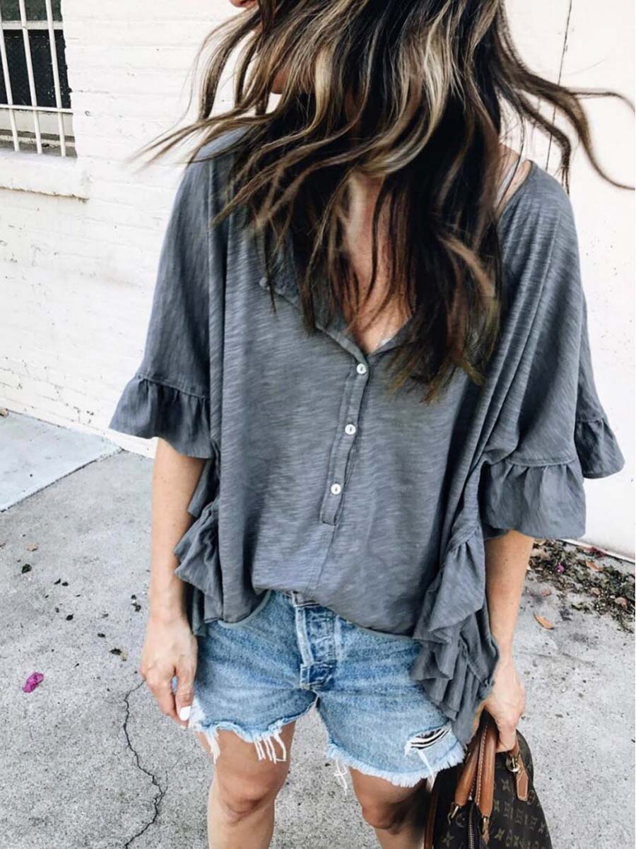 Stunncal Round Neck Patchwork Ruffle Loose Short Sleeve T-Shirt