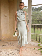 Stunncal Sleeveless Hanging Neck Solid Color Satin Dress(6 Colors)