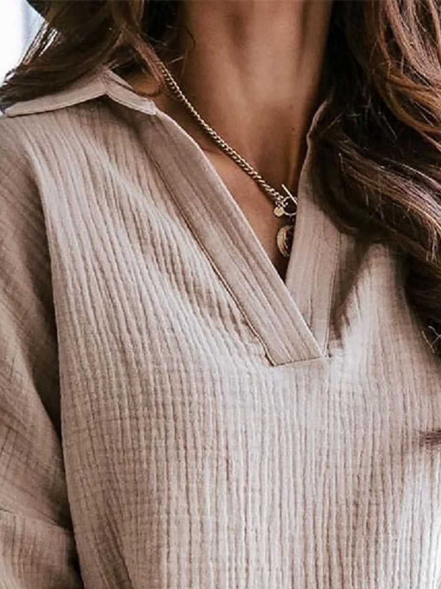 Stunncal Lapel Collar Lantern Solid Color Long Sleeve Shirt(6 colors)