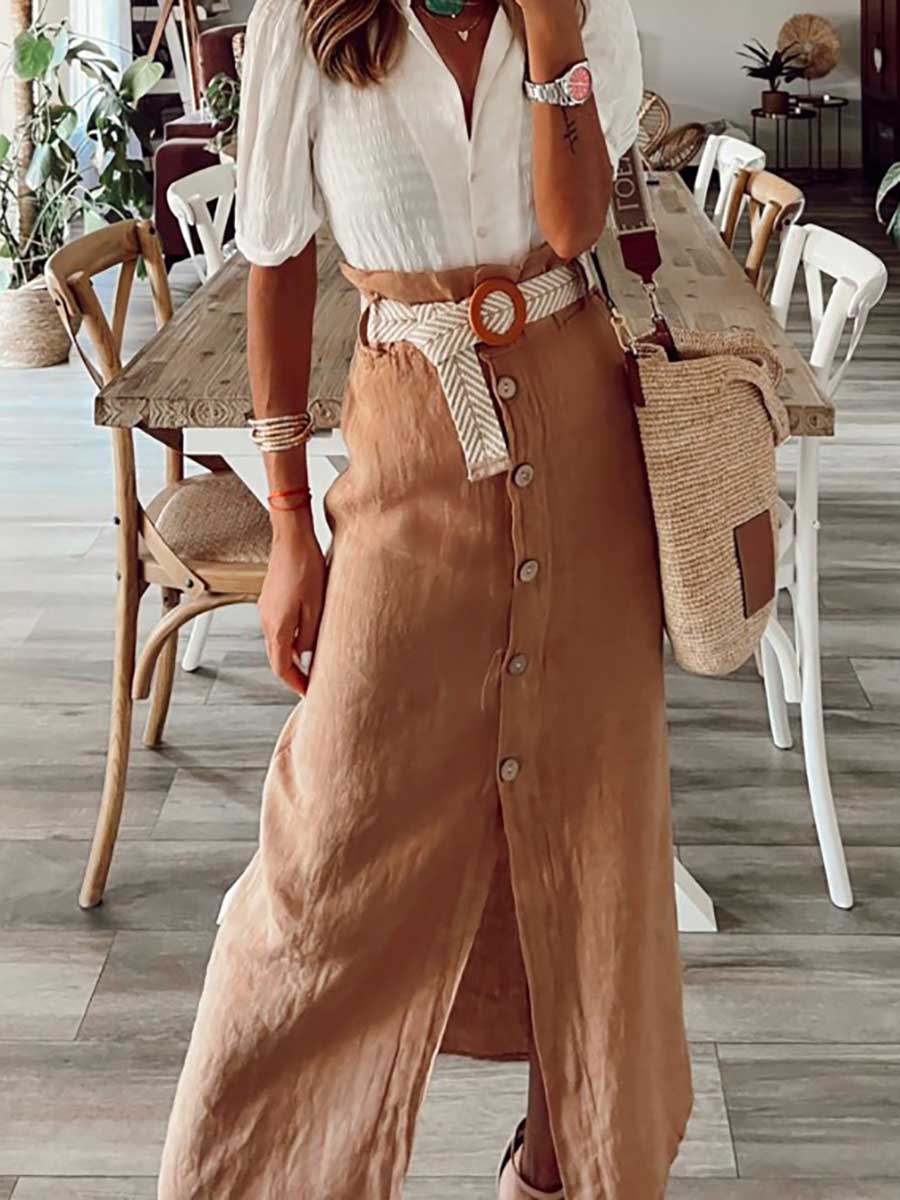 Stunncal Cotton Linen Button Half Skirt