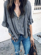 Stunncal Round Neck Patchwork Ruffle Loose Short Sleeve T-Shirt