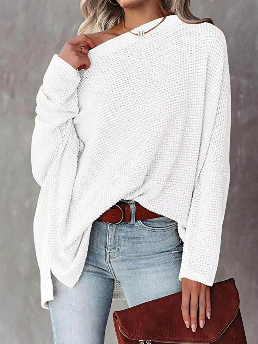 Stunncal Solid Color Knitted Bat Long Sleeve Sweater