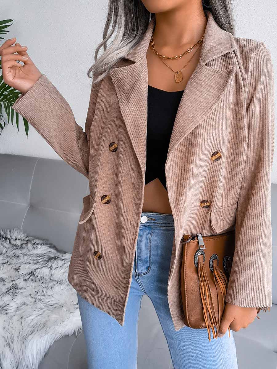 Stunncal Solid Color Corduroy Fashion Double-Breasted Jacket