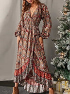 Retro Slim Waist Tie Bohemian Print Jumpsuit Group Dress