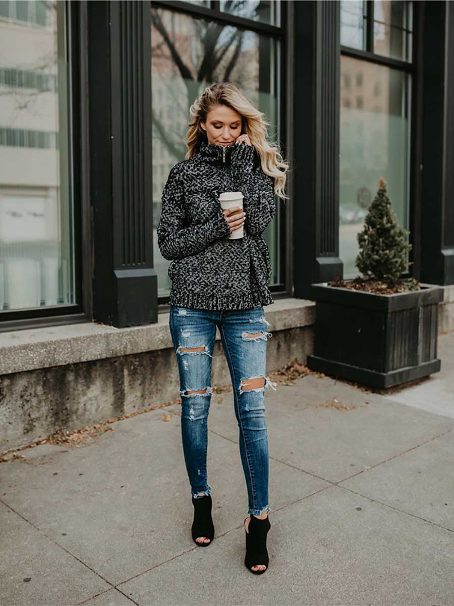 Stunncal Mixed Color High Neck Zipper Sweater
