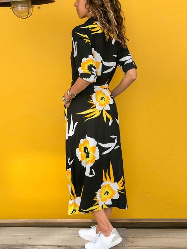 Stunncal Printed V-neck Belt Dress