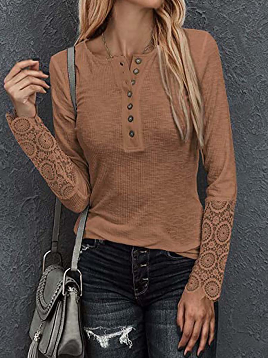 Stunncal Round Neck Stitching Lace Long Sleeve T-Shirt(14 colors)