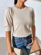 Stunncal Round Neck Pleated Short Sleeve Solid Color Knit (5 colors)