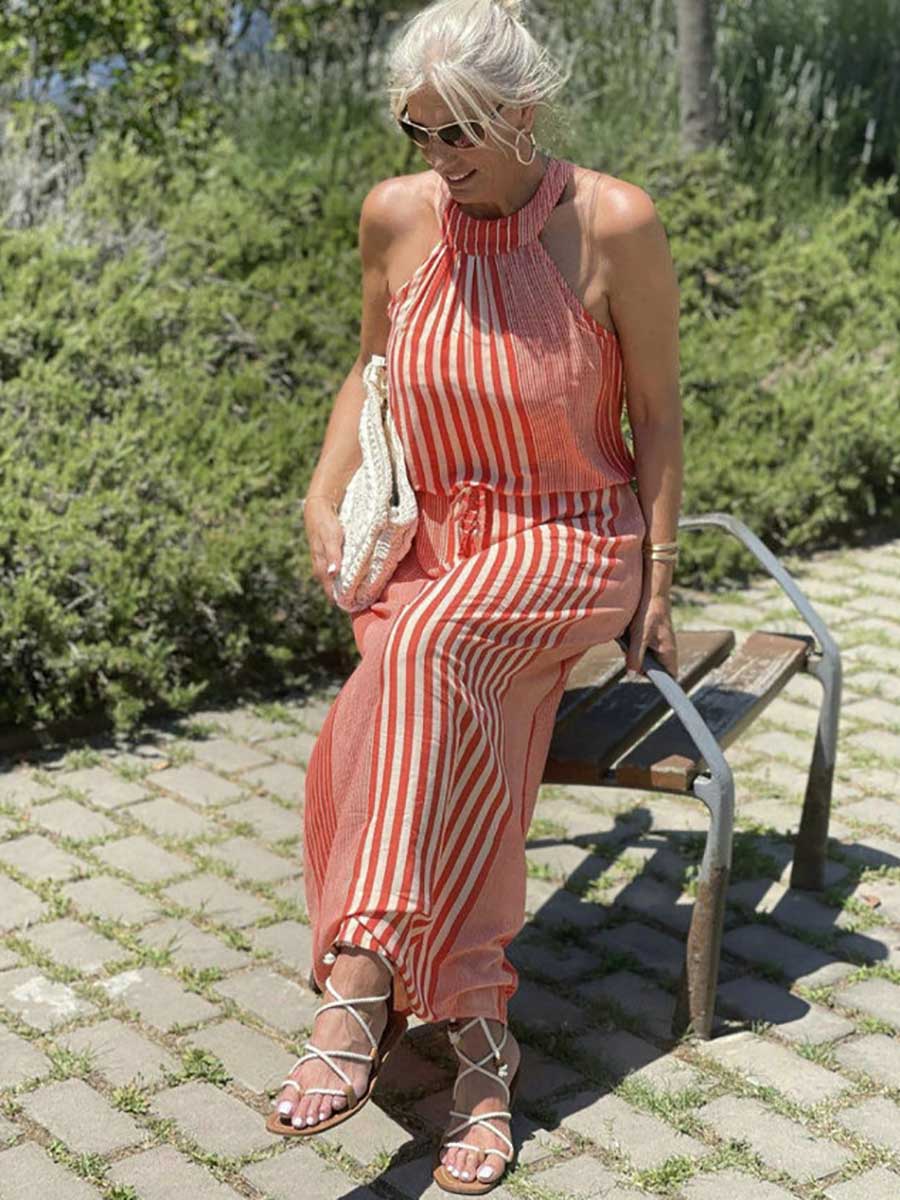 Stunncal Sleeveless Round Neck Striped Dress