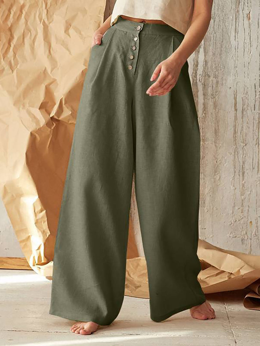 Stunncal Solid Color High Waist Casual Button Wide Leg Pants