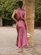 Stunncal Sleeveless Hanging Neck Solid Color Satin Dress(6 Colors)