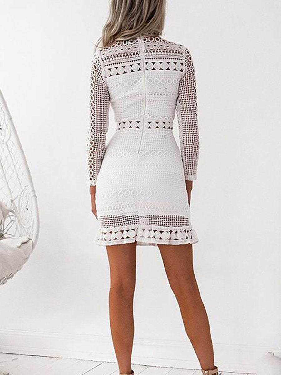 Stunncal Back Zipper Lace Splice Hollow Out Mini Dress