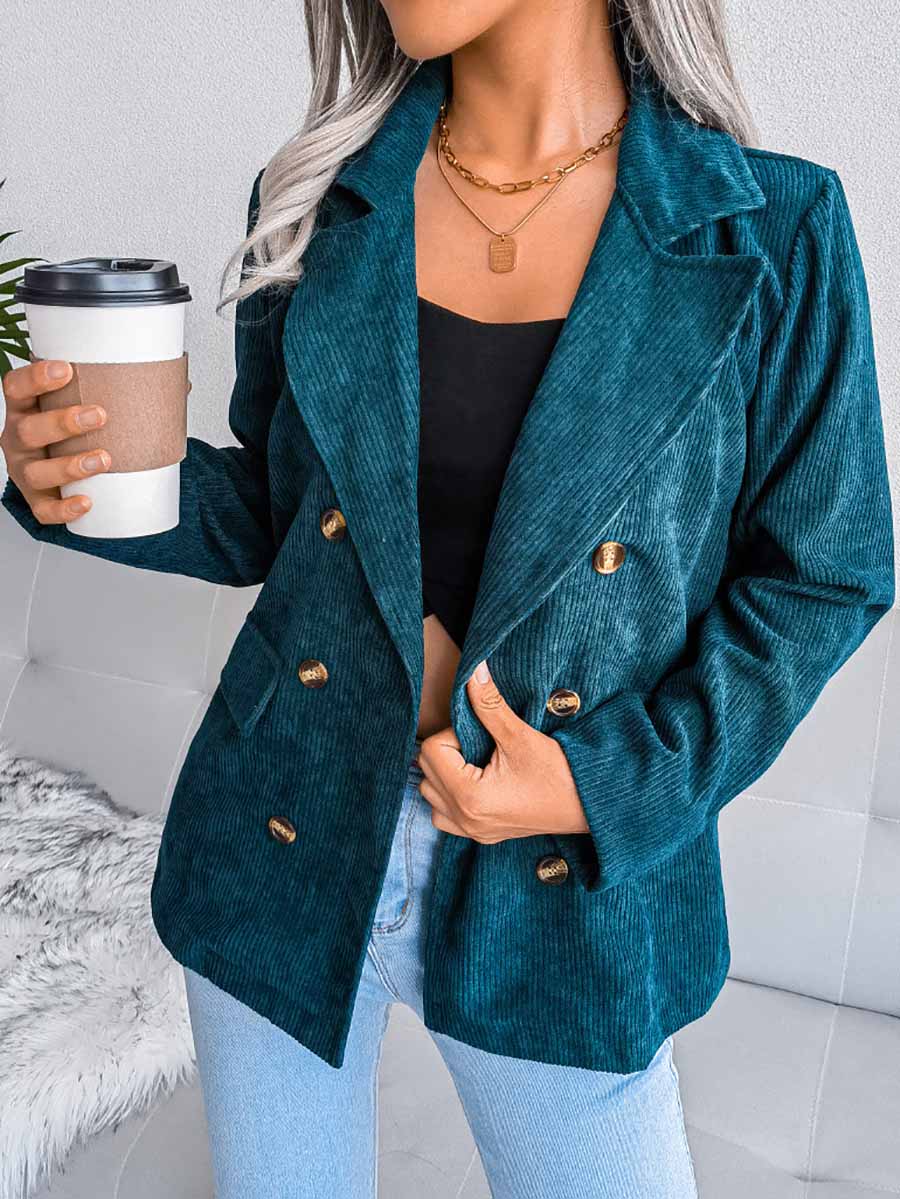 Stunncal Solid Color Corduroy Fashion Double-Breasted Jacket