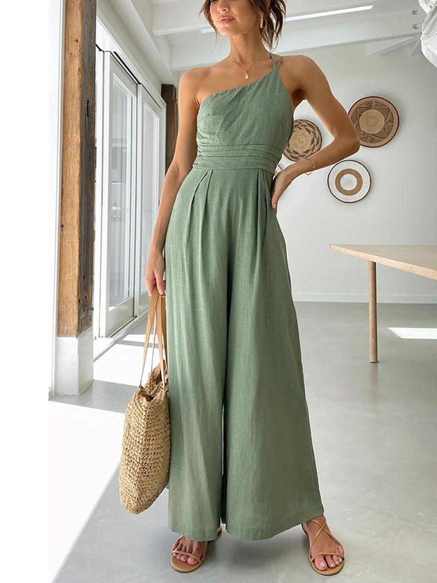 Stunncal Chic Journey One Shoulder Straps Wide Leg Jumpsuit（8 colors）
