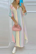 Stunncal Colorful Stripe Button Down Long Shirt Dress