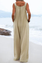 Stunncal Ethnic Button Suspender Wide Leg Line Jumpsuit