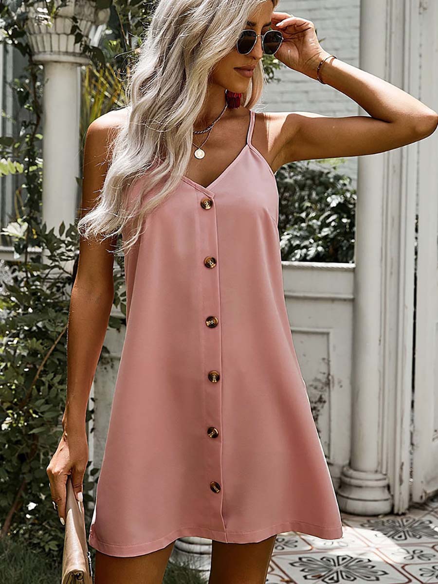 Stunncal V-Neck Single-Breasted Sleeveless Dress(7 colors)
