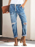 Stunncal Drawstring elastic waist ripped denim pants casual pants