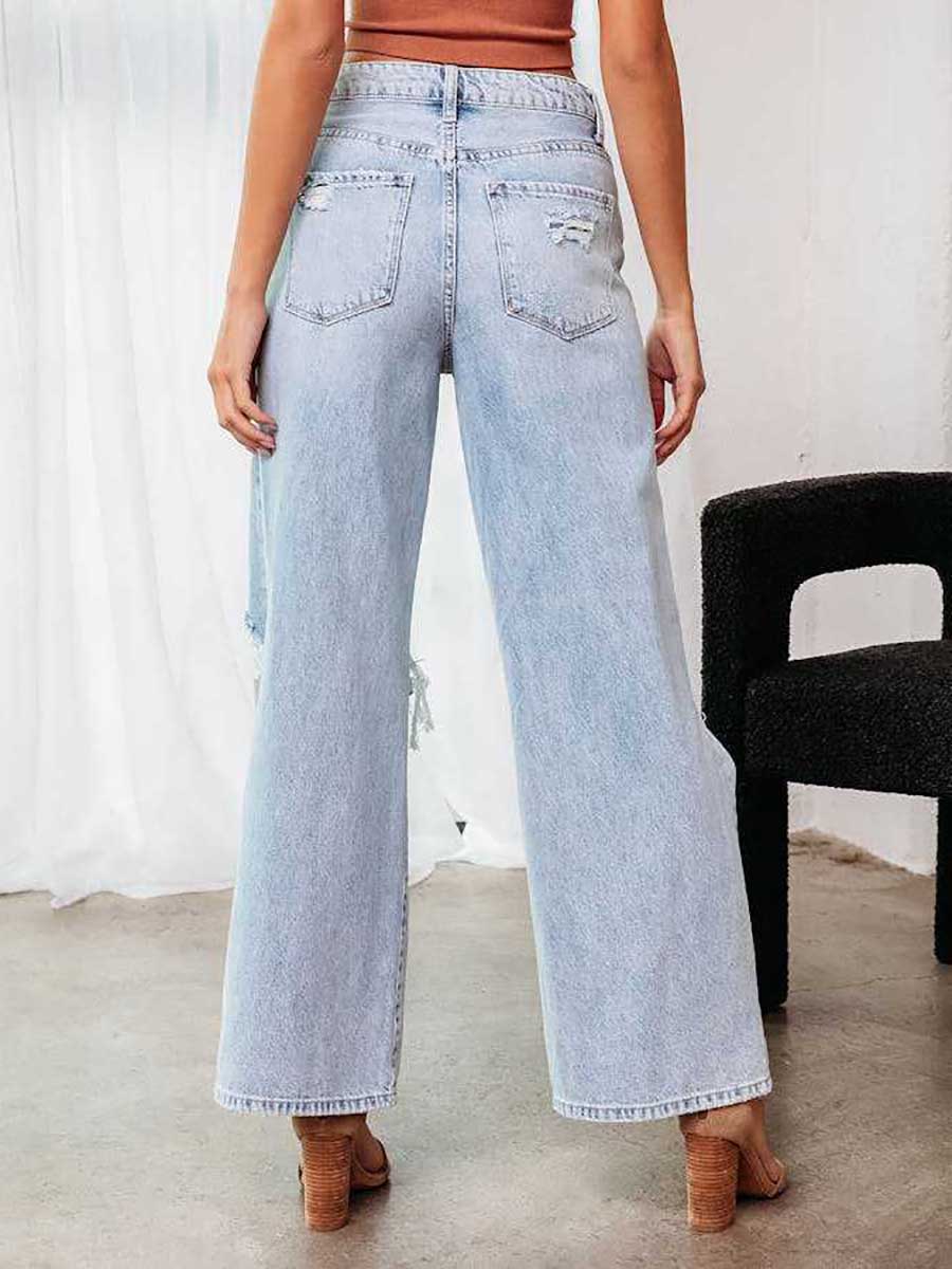 Stunncal Stylish ripped mid-waist wide-leg denim pants