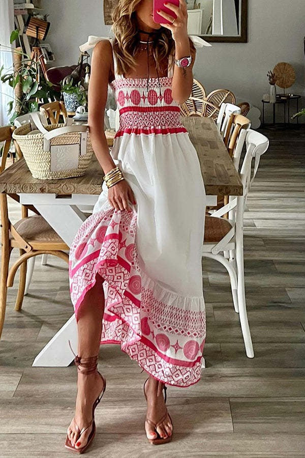 Stunncal Printed Smocked Shoulder Tie Maxi Dress