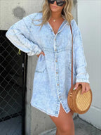 Stunncal V-neck Washed Loose Shirt Denim Skirt