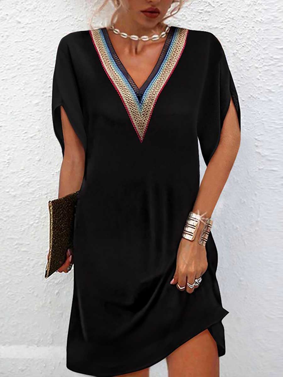 Stunncal Temperament Clashing Color V-Neck Black Dress