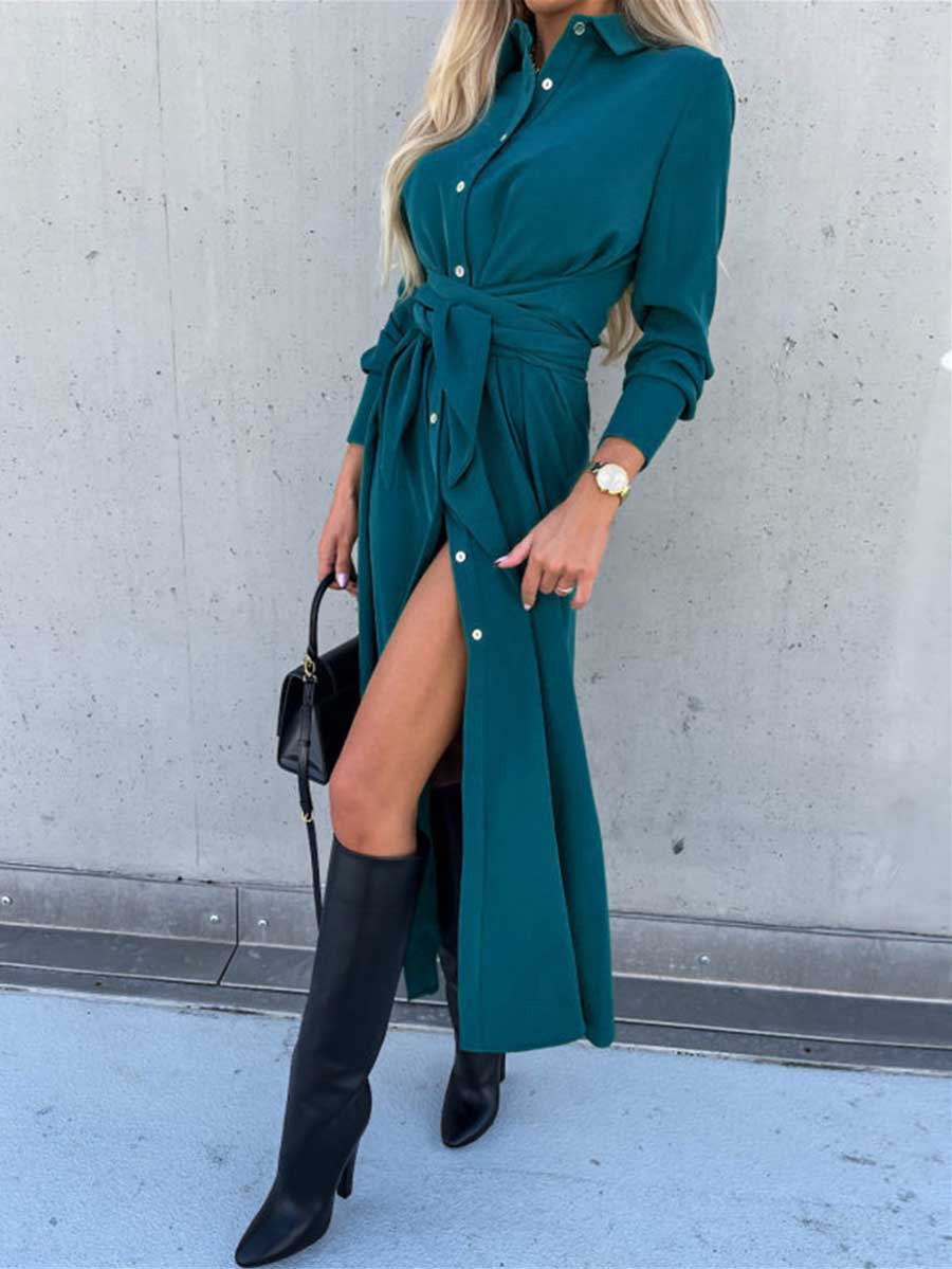 Stunncal Long Solid Color Cardigan Long Sleeve Hem Dress