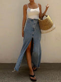 Stunncal Raw Hem High Slit Maxi Denim Skirt