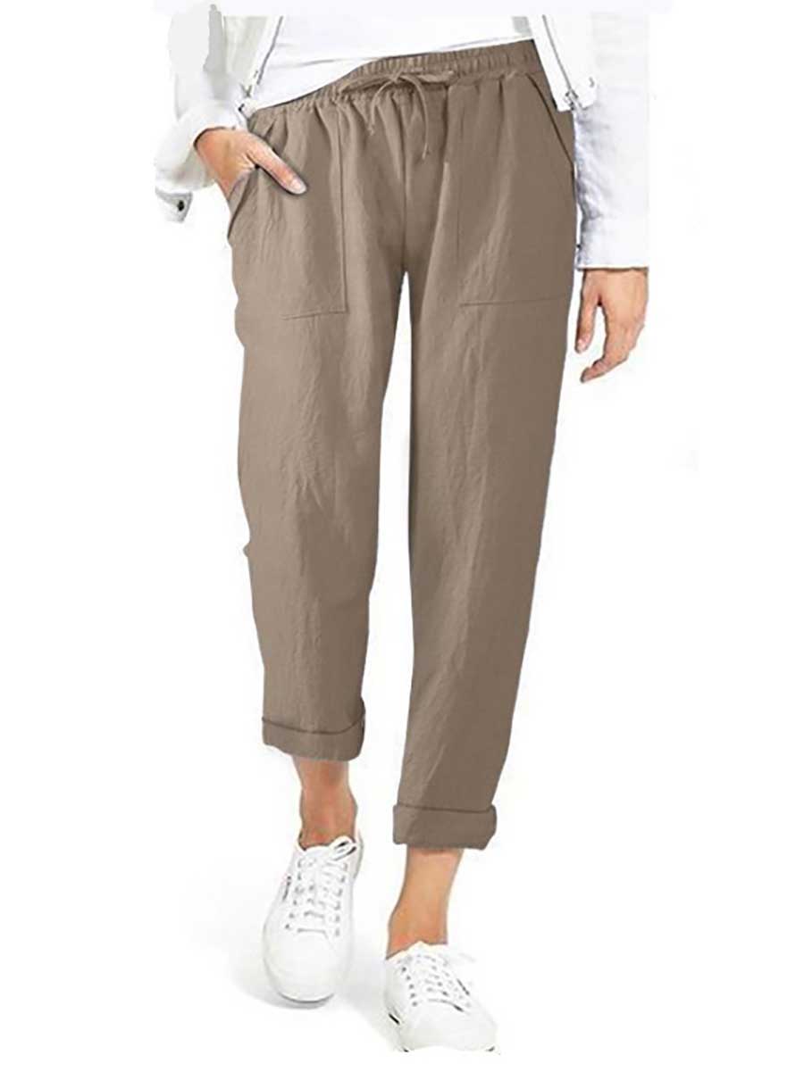 Stunncal Drawstring High Waist Pocket Loose Large Size Cotton Linen Casual Pants