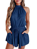 Stunncal Elegant Waist Tie Sleeveless Hanging Neck Loose Shorts Printed Jumpsuit