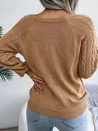 Stunncal Women's Stylish Round Neck Texture Button Lantern Sleeve Sweater