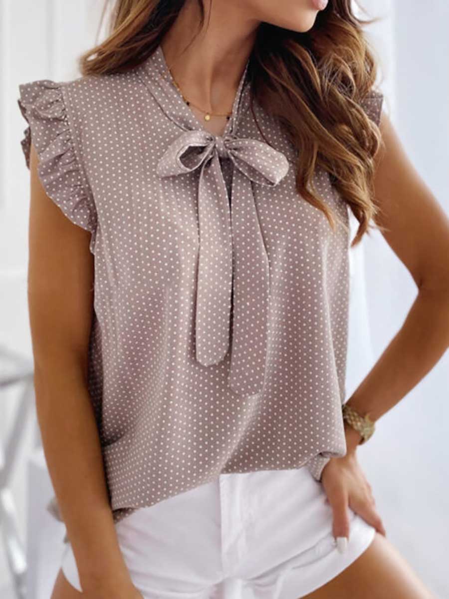 Stunncal Polka Dot Bow Neck Sleeveless Blouse Top