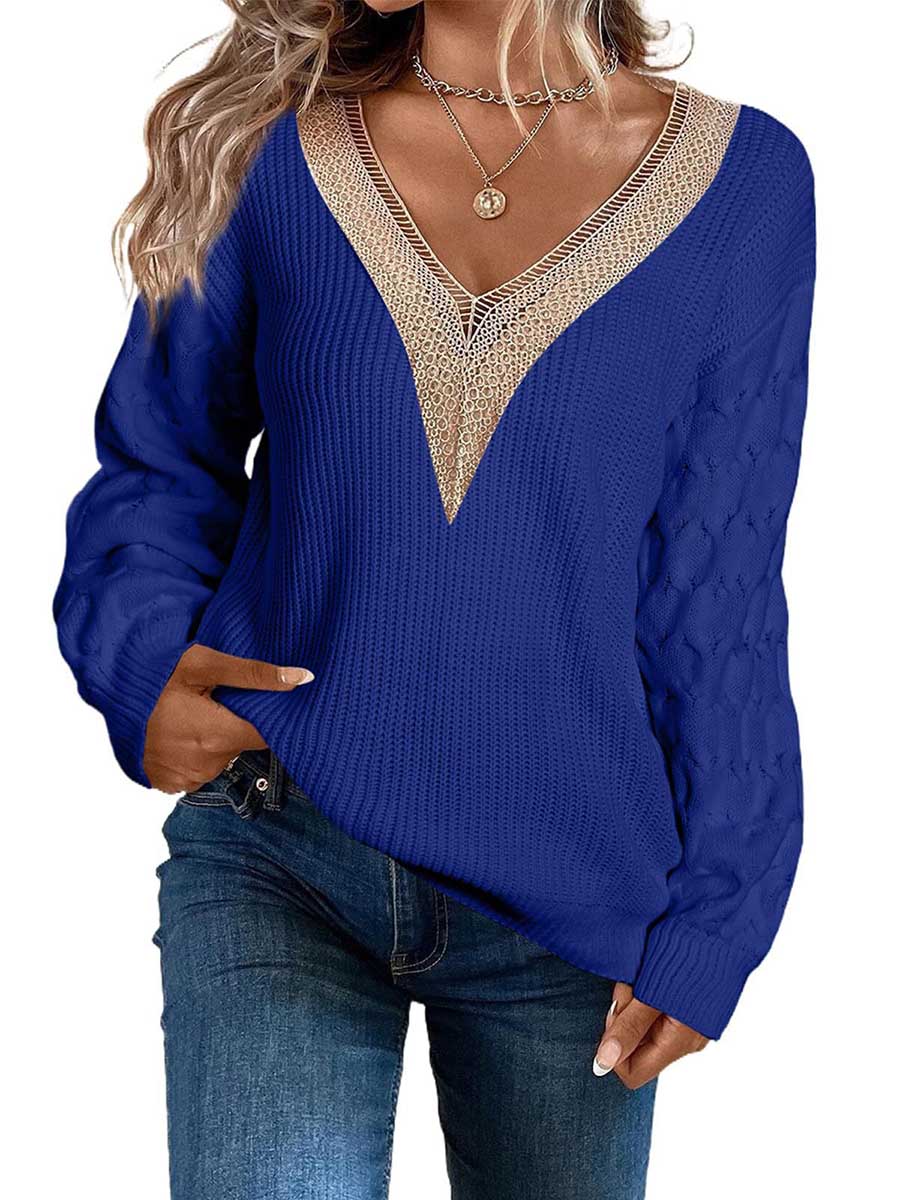 Stunncal Sexy Lace V-Neck Drop Shoulder Sweater