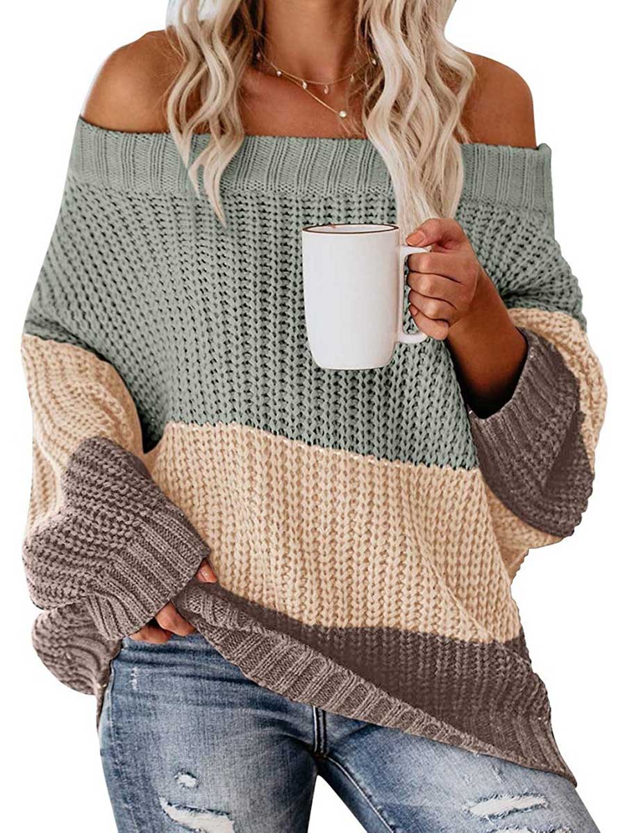 Stunncal One-line Collar Loose Patchwork Color Sweater