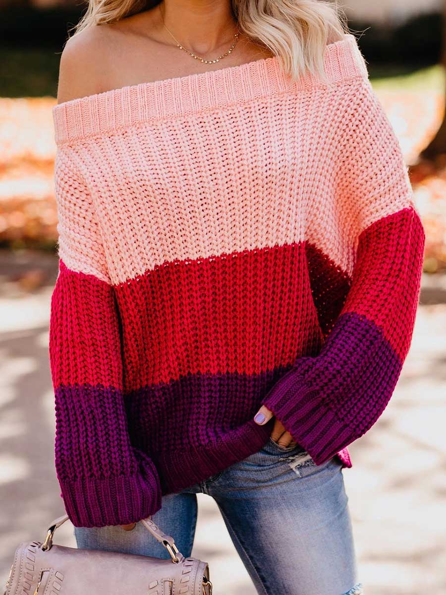 Stunncal One-line Collar Loose Patchwork Color Sweater