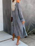 Stunncal Long Sleeve Knee Length Lapel Striped Shirt