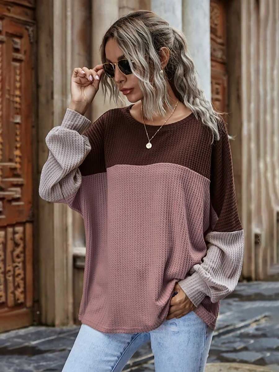 Stunncal Colorblocked Waffle Long Sleeve Casual Top