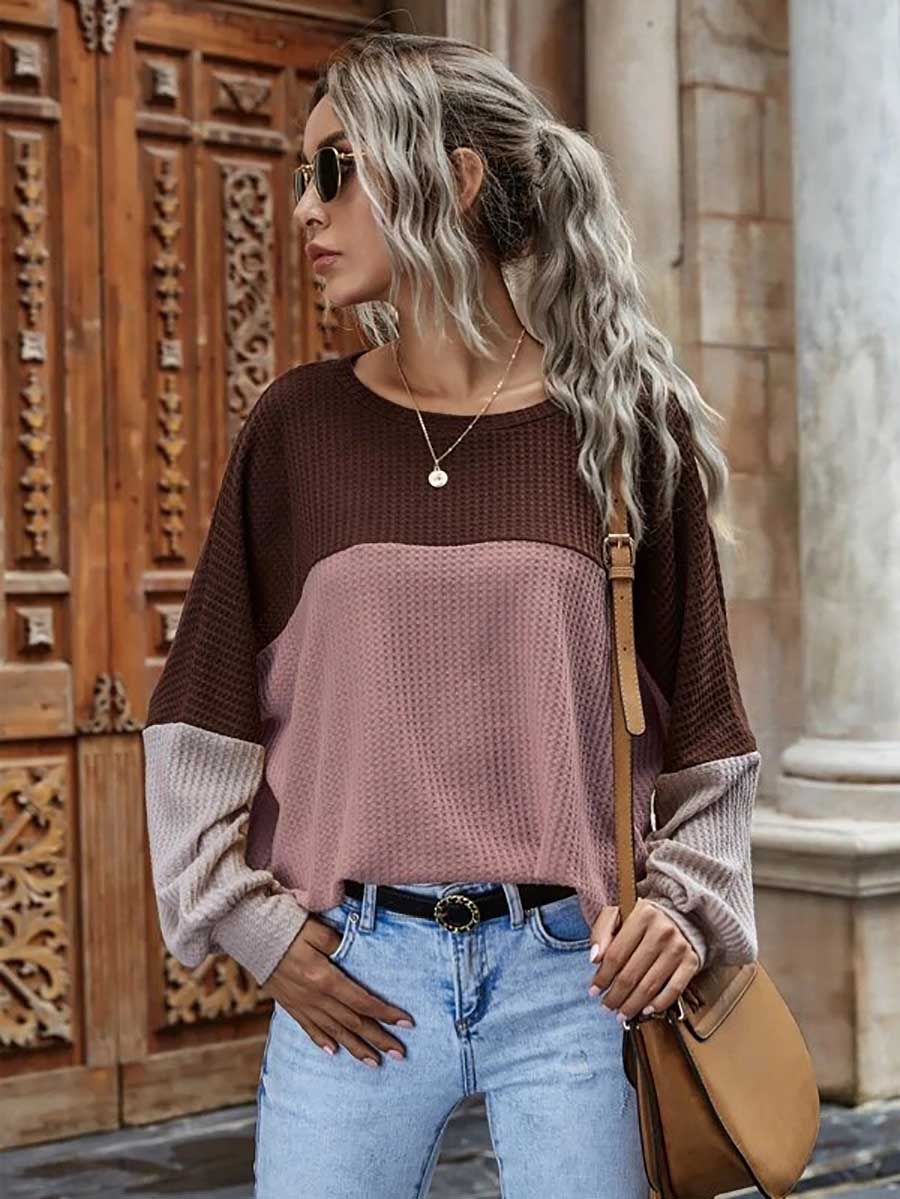 Stunncal Colorblocked Waffle Long Sleeve Casual Top