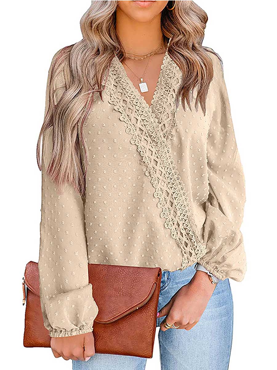 Stunncal Chiffon Casual Lace Blouse V-Neck Top