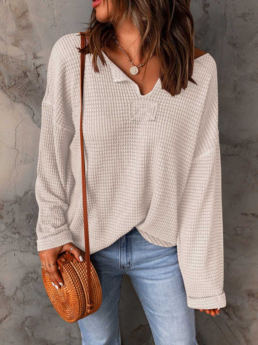 Stunncal Waffle Knit Long Sleeve V-Neck Sweater