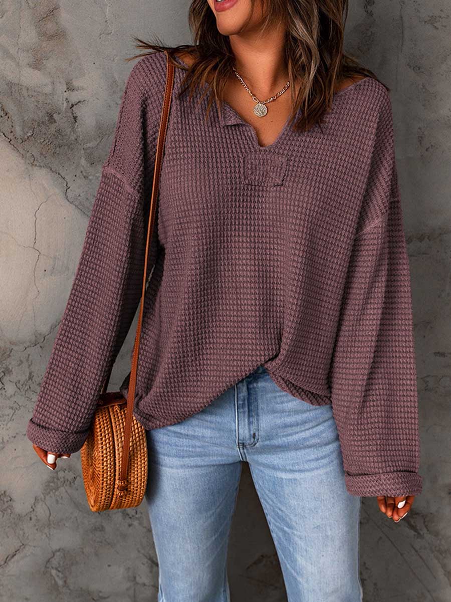 Stunncal Waffle Knit Long Sleeve V-Neck Sweater