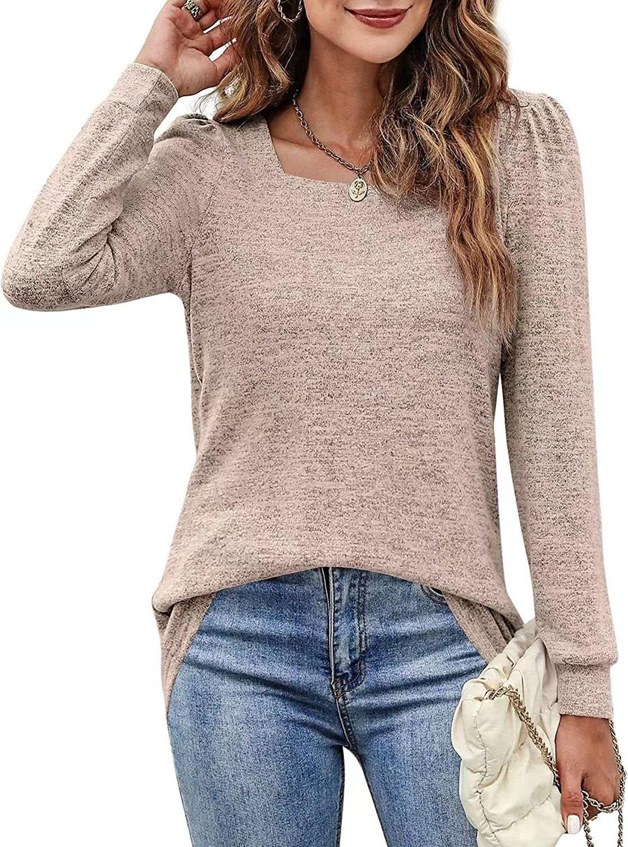 Stunncal Solid Color U-Neck Ruffled Long Sleeve Casual Shirt