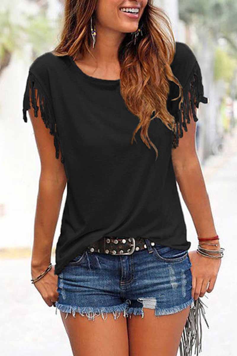 Stunncal Short-sleeve Loose Tassel T-shirt(3 Colors)