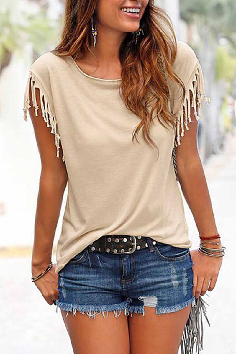 Stunncal Short-sleeve Loose Tassel T-shirt(3 Colors)
