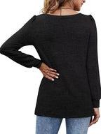 Stunncal Solid Color U-Neck Ruffled Long Sleeve Casual Shirt