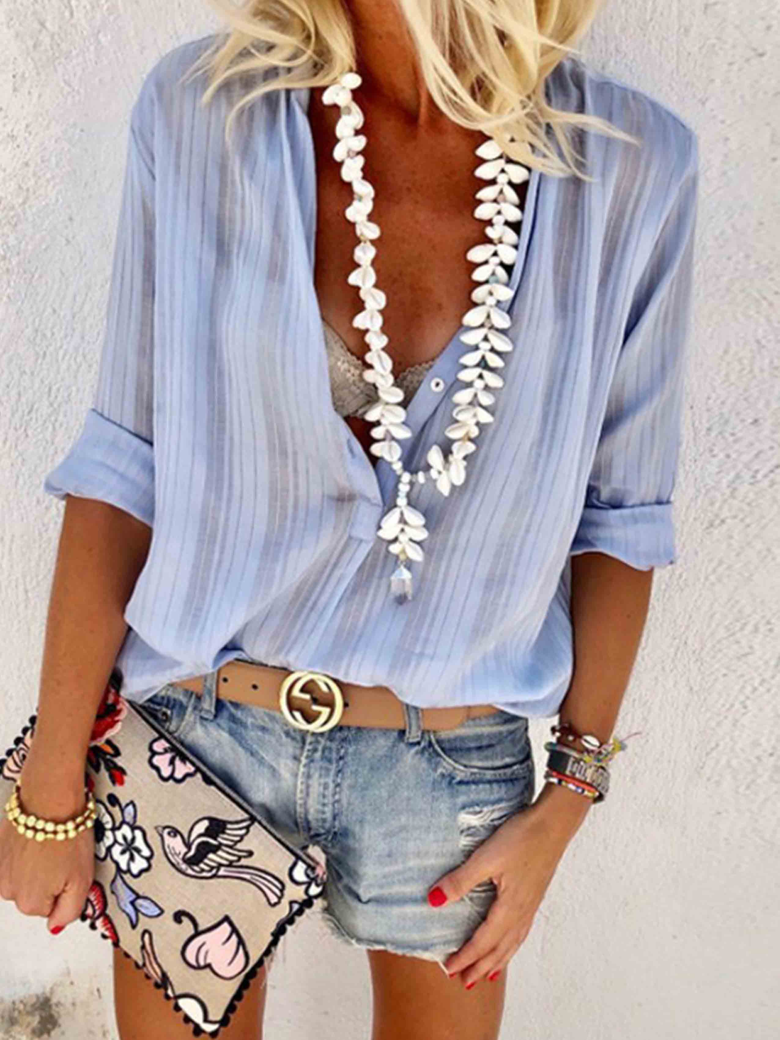 Stunncal Casual V Neck Button Blouse Tops